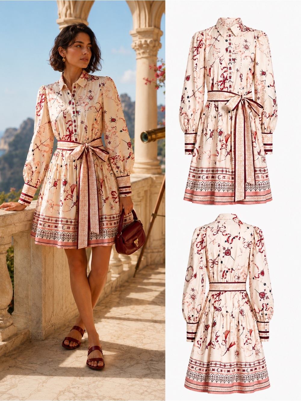 Marchesa Rosa Sylvan Celestial Print Belted Cotton Shirtdress Size 4